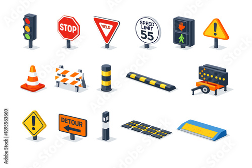 Road Traffic Devices isometric flat style: traffic light, stop sign, yield sign, speed limit sign, pedestrian signal, road cone, barricade, bollard, lane