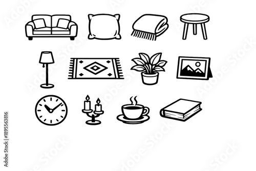 Uplifting Home Living Items in outline vector style: sofa, cushion pillow, throw blanket, side table, floor lamp, area rug, house plant, photo frame, wall clock