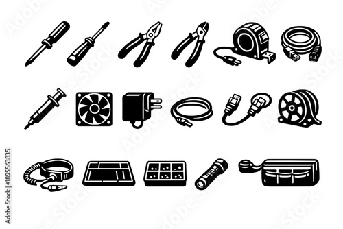 Machine learning engineer hardware setup tools in outline vector style: screwdriver, precision screwdriver, pliers, wire cutter, measuring tape, thermal paste