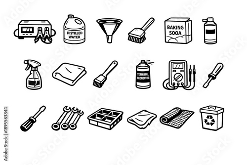 Battery Maintenance Tools outline vector style: battery charger, distilled water bottle, funnel, cleaning brush, baking soda box, spray bottle, rag cloth