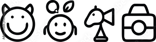Cute character icons including smiling faces stylized animal features abstract person and portable camera