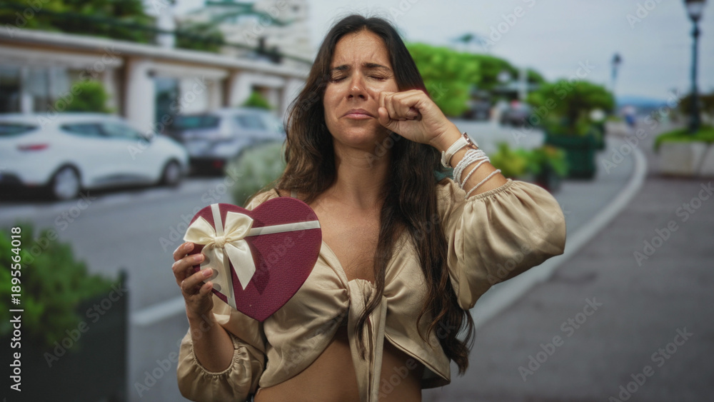 Fototapeta premium Woman holding heart shaped gift box wiping eye on city street with teary face and closed eyes; heartbreak sorrow.