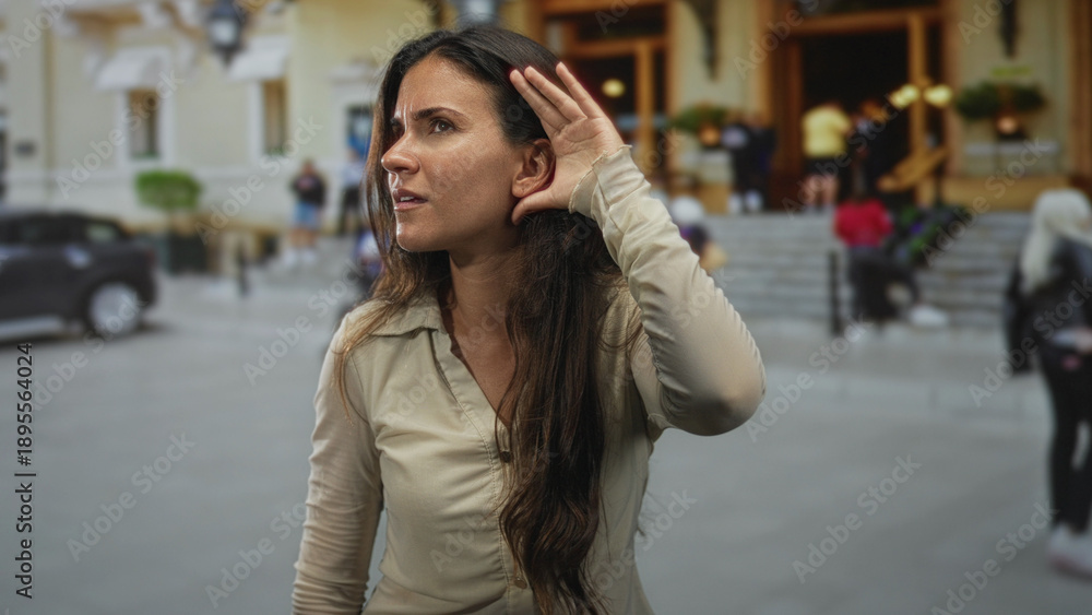 Fototapeta premium Woman cups hand to ear listening on a city street by building steps and crowd, profile visible; curiosity focus.