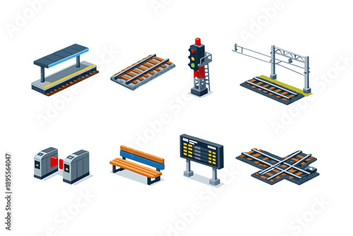 Railway transport infrastructure in isometric flat style: train station platform, rail track, signal tower, overhead wire mast, ticket gate, platform bench