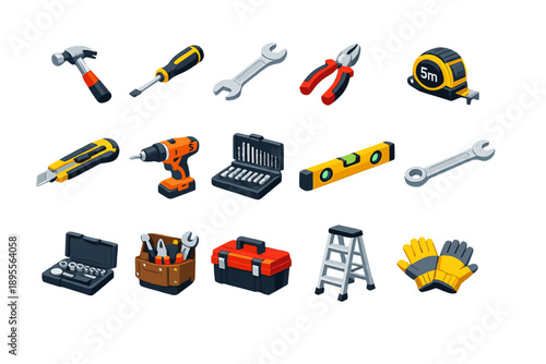 DIY Tools and Equipment isometric flat style: hammer, screwdriver, wrench, pliers, tape measure, utility knife, drill, drill bit set, level tool, spanner