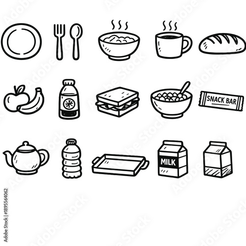 Meals and nutrition doodle style: plate, fork, spoon, bowl, cup, bread loaf, fruit, juice bottle, sandwich, cereal bowl, snack bar, teapot, water bottle, tray
