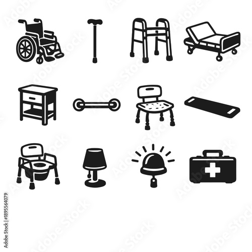 Family Caregiving and Home Support Items in outline vector style: wheelchair, walking cane, walker frame, adjustable bed, bedside table, grab bar, shower chair