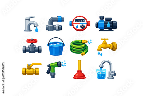 Water and Plumbing Items in flat style: faucet, water pipe, water meter, pump, valve, bucket, hose, tap