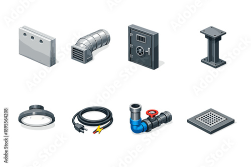 Underground home infrastructure in isometric flat style: concrete wall panel, ventilation duct, steel door, support beam, ceiling light, power cable, water pipe