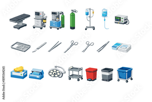 Veterinary care surgical and treatment equipment in isometric flat style: surgical table, anesthesia machine, oxygen tank, IV stand, IV fluid bag, infusion pump