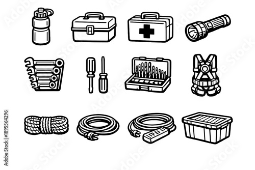 Worker Support and Maintenance Tools in outline vector style: water bottle, lunchbox, first aid kit, flashlight, wrench set, screwdrivers, drill bit set, safety