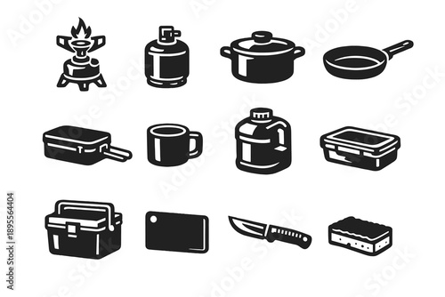 Camp Cooking and Food Items in outline vector style: camping stove, fuel canister, cooking pot, frying pan, mess tin, camping mug, water jug, food container
