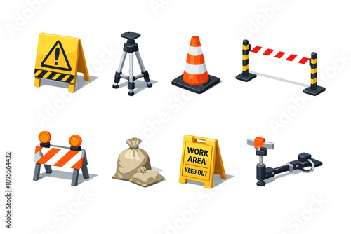 Construction temporary signage isometric flat style: warning signboard, tripod stand, safety cone, barrier tape, reflective panel, sandbag, folding sign, sign