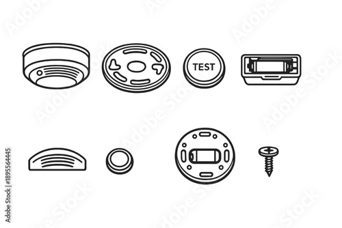 Smoke alarm hardware in outline vector style: smoke alarm, mounting bracket, test button, battery compartment, alarm grille, indicator light cover, back plate