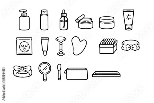 Skincare Routine Products in outline vector style: face cleanser bottle, toner bottle, serum dropper, moisturizer jar, sunscreen tube, face mask packet, eye