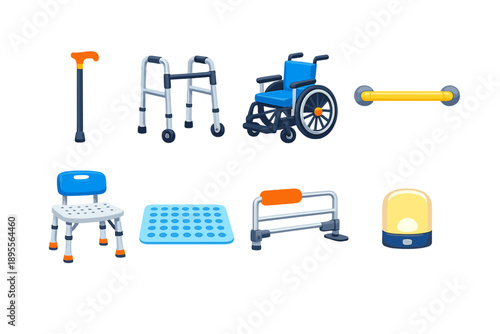 Mobility and safety aids in flat style: cane, walker, wheelchair, grab bar, shower chair, non-slip mat, bed rail, night light