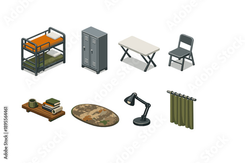 Subterranean room furnishings in isometric flat style: bunk bed, storage locker, folding table, metal chair, wall shelf, floor rug, reading lamp, curtain panel