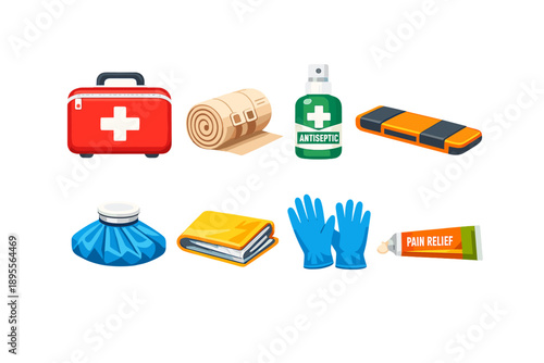 Emergency and first aid essentials in flat style: first aid kit, bandage roll, antiseptic bottle, splint, ice pack, blanket, medical gloves, pain relief