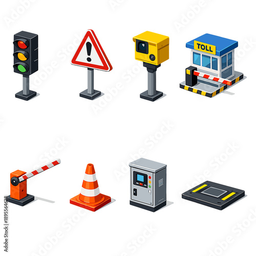 Traffic management tools in isometric flat style: traffic light, road sign, speed camera, toll booth, barrier gate, traffic cone, signal controller box, road