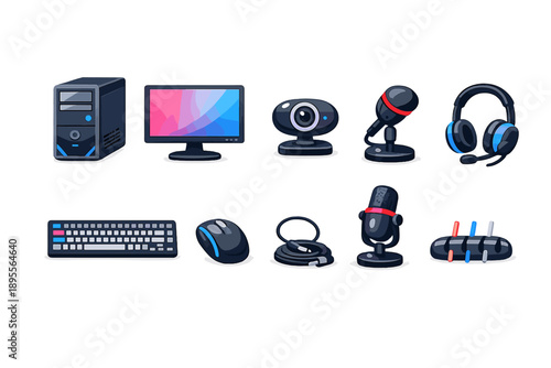 Online presence recording setup in flat style: desktop computer, monitor, keyboard, mouse, webcam, headset, desk microphone, cable organizer