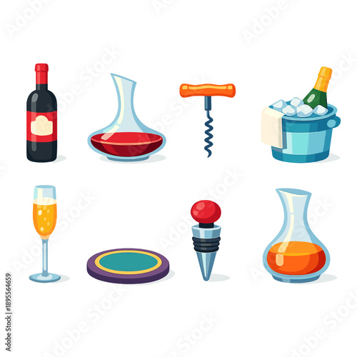 Fine dining beverage service items in flat style: wine bottle, decanter, corkscrew, ice bucket, champagne flute, coaster, bottle stopper, carafe