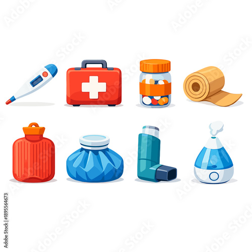 Health and safety care items in flat style: thermometer, first aid kit, medicine bottle, bandage roll, hot water bottle, ice pack, inhaler, humidifier