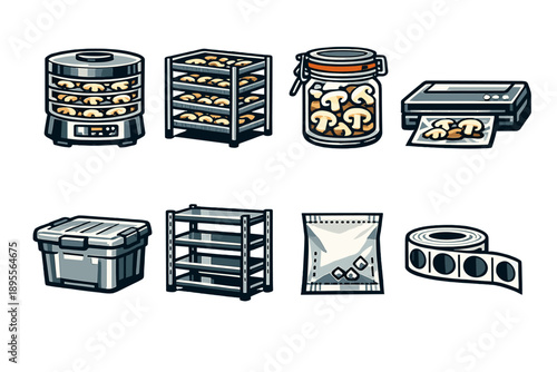 Mushroom drying and storage equipment in bold vector style: food dehydrator, drying rack, airtight jar, vacuum sealer, storage bin, metal shelf, silica packet