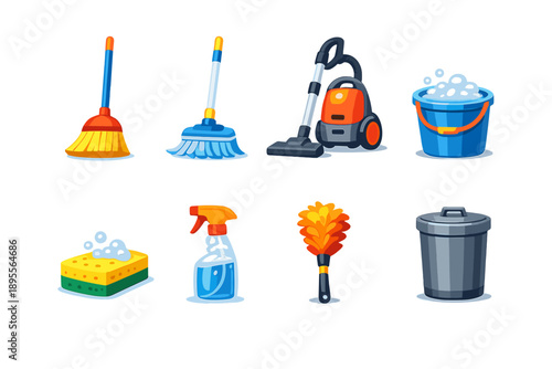 Cleaning and upkeep supplies in flat style: broom, mop, vacuum, bucket, sponge, spray bottle, duster, trash bin
