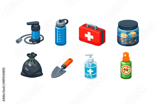 Trail camp safety and hygiene items in isometric flat style: water filter, hydration bottle, first aid kit, bear canister, trash bag, trowel, hand sanitizer