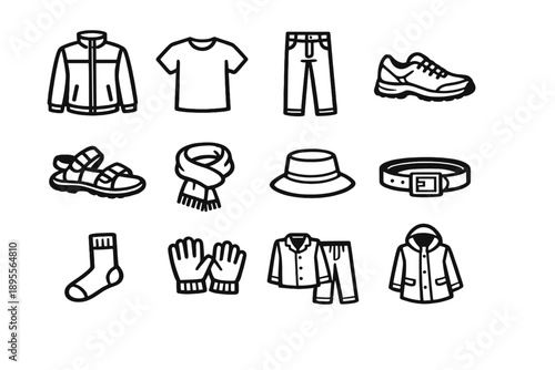 Clothing and Wearables for Travel in outline vector style: jacket, t shirt, jeans, walking shoe, sandal, scarf, hat, belt, sock, glove, sleepwear set, raincoat