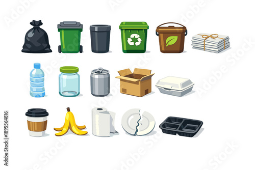 Household waste items in flat style: trash bag, garbage bin, recycling bin, food waste bin, paper waste bundle, plastic bottle, glass jar, aluminum can