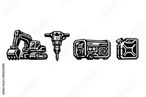 Heavy geological prospecting equipment in bold vector style: excavator, jackhammer, generator, fuel canister