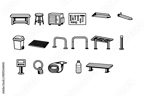 Street repair station structure in outline vector style: workbench, metal stool, tool cabinet, pegboard, overhead light, trash bin, floor mat, handrail, shelter