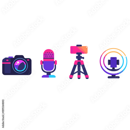 Creator content production gear in flat style: camera, microphone, tripod, ring light
