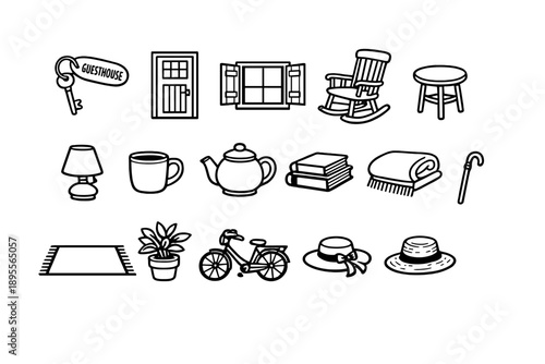 Slow Travel Countryside Stay Items in outline vector style: guesthouse key, wooden door, window shutter, rocking chair, side table, table lamp, ceramic mug