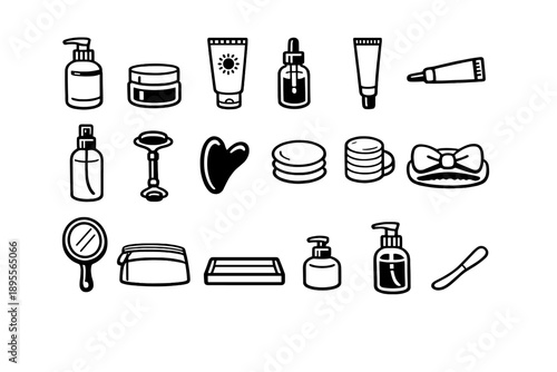 Youthful Skincare Essentials in outline vector style: face cleanser bottle, moisturizer jar, sunscreen tube, serum dropper, eye cream tube, face mist bottle