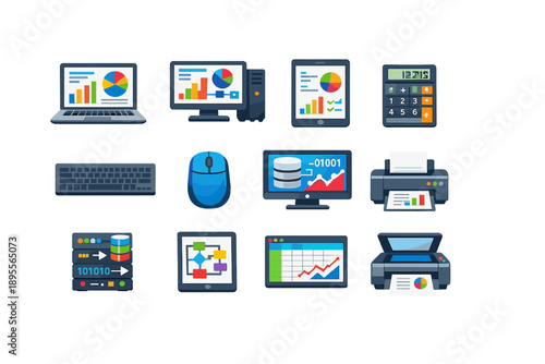 Data Processing Tools in flat style: laptop, desktop computer, tablet, calculator, keyboard, mouse, monitor, printer