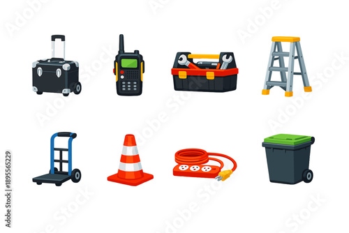 Corporate event operations tools in flat style: rolling case, walkie-talkie, toolbox, ladder, hand truck, safety cone, extension cord, trash bin