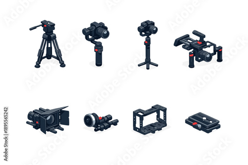 Videographer filming setup equipment in isometric flat style: tripod, gimbal stabilizer, monopod, shoulder rig, matte box, follow focus, cage frame, quick
