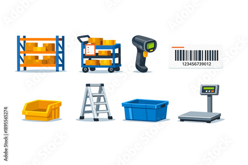 Warehouse picking equipment in flat style: shelving unit, picking cart, handheld scanner, barcode label, storage bin, ladder, tote box, floor scale
