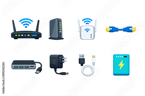 Online communication tools flat style: router, modem, wi-fi extender, ethernet cable, usb hub, power adapter, charging cable, power bank