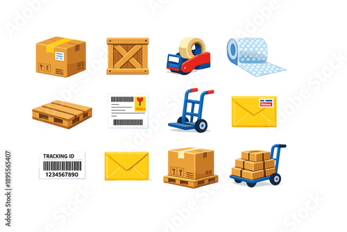 Delivery and Shipping Items in flat style: parcel, crate, tape dispenser, bubble wrap, pallet, label, dolly, envelope