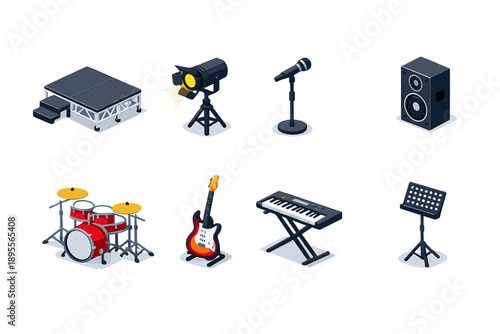 Event staging items in isometric flat style: stage platform, spotlight, microphone, speaker, drum set, guitar, keyboard, music stand