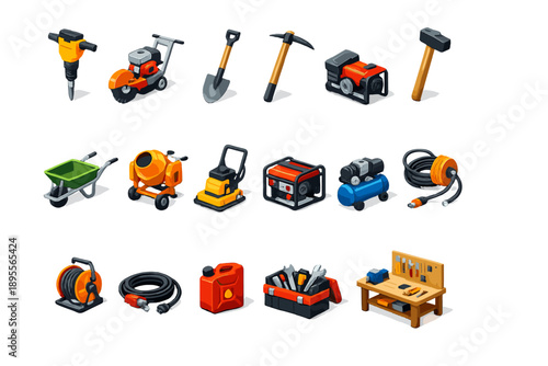 Work Zone Equipment isometric flat style: jackhammer, asphalt cutter, shovel, pickaxe, sledgehammer, wheelbarrow, concrete mixer, compactor plate, generator