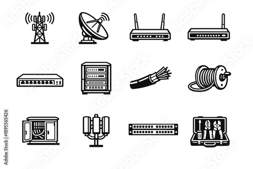 Telecommunication Facilities in outline vector style: cell tower, satellite dish, router, modem, network switch, server rack, fiber optic cable, cable reel