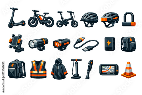 Smart living urban mobility accessories in bold vector style: electric scooter, electric bicycle, folding bike, helmet, smart helmet, bike lock, phone mount