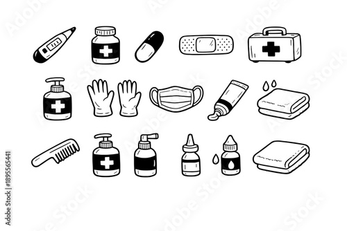 Health and hygiene doodle style: thermometer, medicine bottle, pill, bandage, first aid kit, sanitizer bottle, gloves, face mask, ointment tube, washcloth, comb