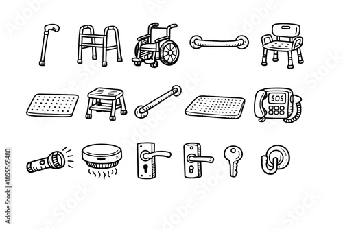 Mobility and Safety Aids at Home in doodle style: walking cane, walker frame, wheelchair, grab bar, shower chair, non slip mat, step stool, handrail, floor mat