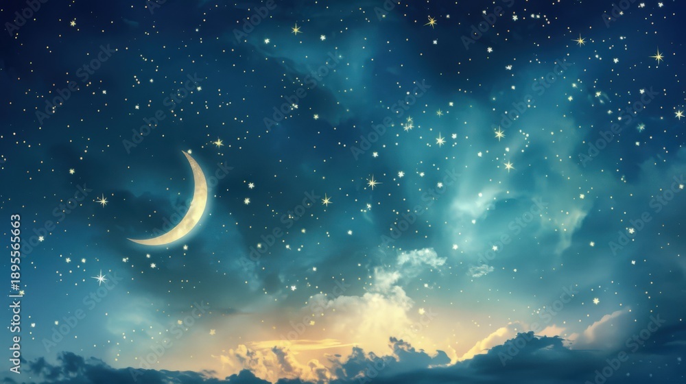 Fototapeta premium Crescent Moon and Stars in Night Sky with Clouds, Serene Celestial Landscape