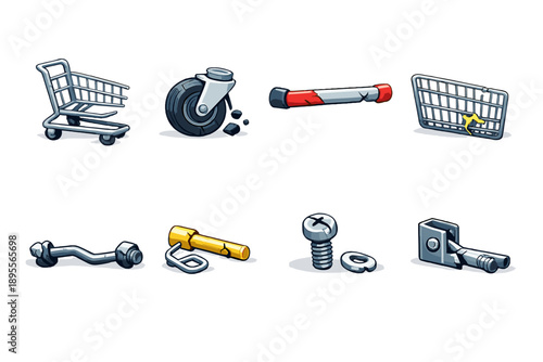 Damaged shopping cart parts in flat style: cart frame, broken wheel, handlebar, basket panel, wheel axle, locking pin, screw bolt, metal joint